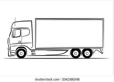 A hand drawn line art of a truck car. Outline truck, lorry, side view. Urban cargo transportation over short distances. Modern flat  illustration.