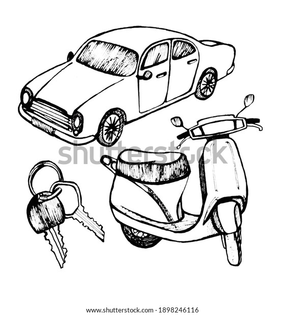 Hand drawn lined retro car scooter car keyes on key\
ring, pen drawn