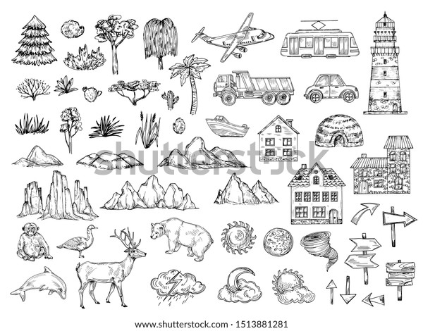 Hand drawn map elements. Sketch hill\
mountain, tree and bush, buildings and clouds. Vintage engraving\
symbols for\
cartography