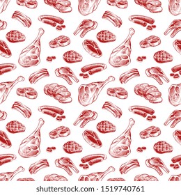 Hand Drawn Meat, Steak, Beef And Pork, Lamb Grill Sausage Seamless Pattern