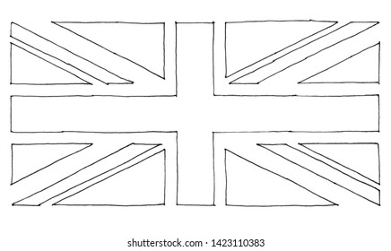 Hand Drawn National Flag Of The United Kingdom (UK) Aka Union Jack, In Black And White Line Art