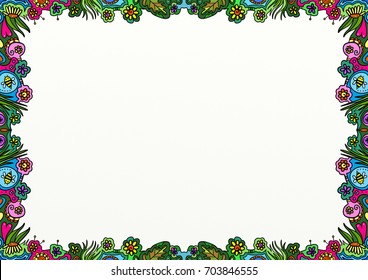 A hand drawn nature themed doodle style page border decoration with spring flowers and bees.