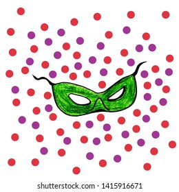 Hand drawn New Year`s green mask and colorful confetti on white background.Decorative elements for Merry Christmas or New Year`s Eve Party. - Powered by Shutterstock