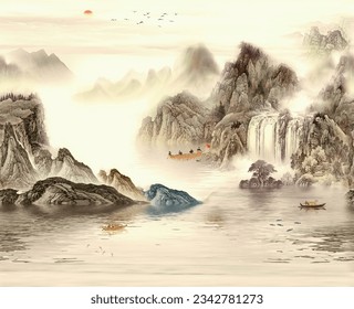 Hand Drawn Oil Painting on Canvas, Landscapes Traditional and Contemporary Art, Fishing Boat with Mountains cape Background, An Old Houses Built on a River, Birds Flying in the Sky, Golden Texture - Powered by Shutterstock