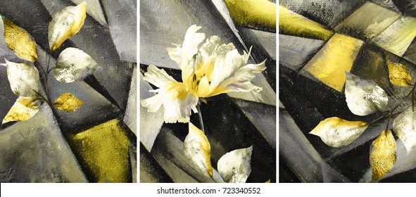 Hand drawn oil painting - stylized triptych with flower, leaves. Abstract art illustration on canvas. texture. In Interior Modern, Contemporary art yellow 