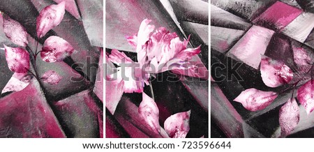 Hand drawn oil painting - stylized triptych with flower, leaves. Abstract art illustration on canvas. texture. In Interior Modern, Contemporary art. pink