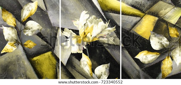 Hand drawn oil painting - stylized triptych with flower, leaves. Abstract art illustration on canvas. texture. In Interior Modern, Contemporary flower mural wallpaper art. 
