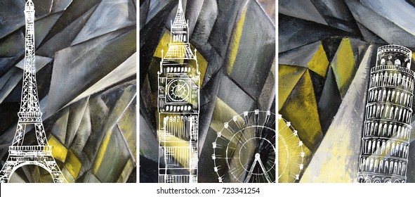 Hand drawn oil painting - triptych. Abstract art background on canvas. London, Paris, Pisa. Travel. In Interior Modern, Contemporary art. Yellow geometric