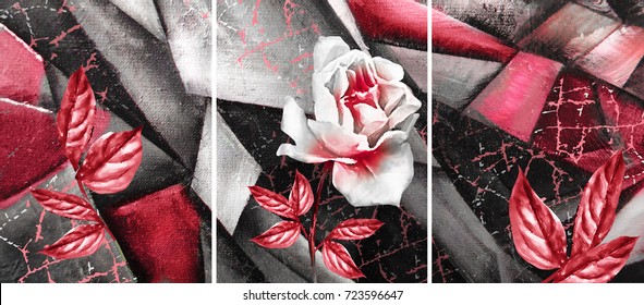 Hand drawn oil painting - triptych with flower rose. Abstract art background on canvas. texture. In Interior Modern, Contemporary art. red