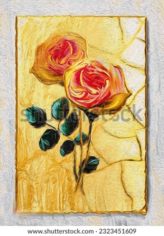 Hand drawn oil painting - triptych with flower rose. Abstract art background on canvas. texture. In Interior Modern, Contemporary art. gold crack
