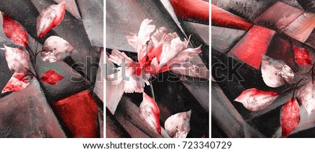 Hand drawn oil painting - triptych with flowers. Abstract art background on canvas. texture. In Interior Modern, Contemporary art. red