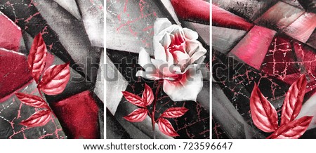 Hand drawn oil painting - triptych with flower rose. Abstract art background on canvas. texture. In Interior Modern, Contemporary art. red