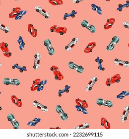 Hand drawn old racing car seamless pattern,