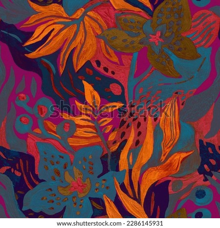 Hand drawn organic abstract seamless pattern with tropical flowers. Artistic botanical elements of bright acrylic paint on craft paper background.  ストックフォト © 