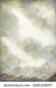 Hand drawn paint artwork spring season heaven calm wind water fog mist scene white paper backdrop text space. Light blue moody rural green mount fall foggy misty rainy weather valley haze scenic view
