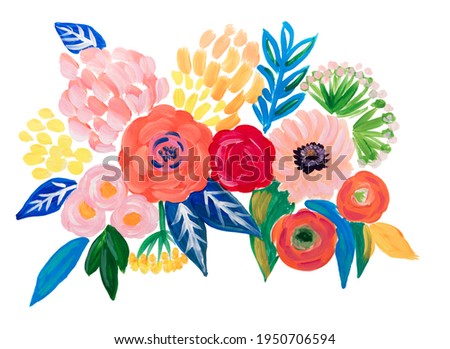 Hand drawn painted bouquet of  flowers and leaves. Acrylic paint. Isolated on white background. Poster, illustration.