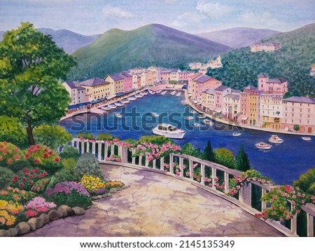 hand drawn painting of panoramic Portofino, Italy. landscape painting with hills, town, buildings,house, sea, blue water, coast, harbour,boats,cliff, fence,garden,trees,street and cloudy sky for print