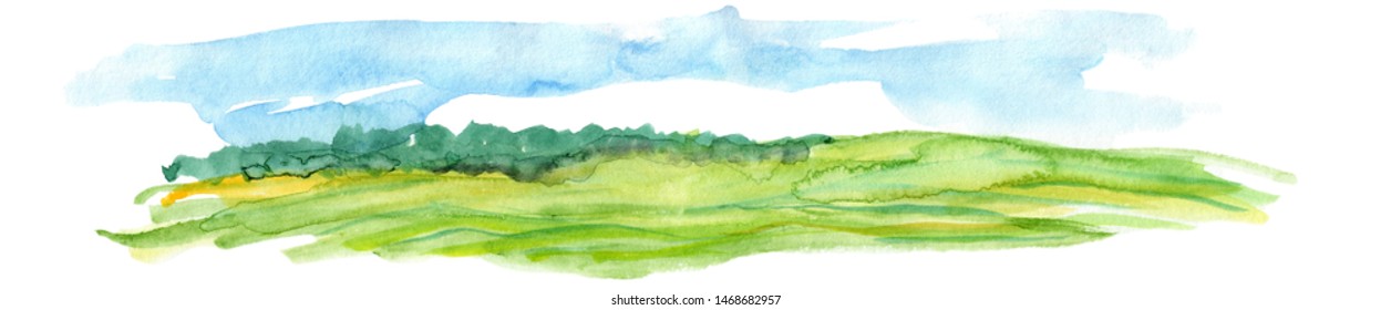 Hand Drawn Panoramic European Landscape Watercolor Background. Calm Sky, Meadows And Hills.
