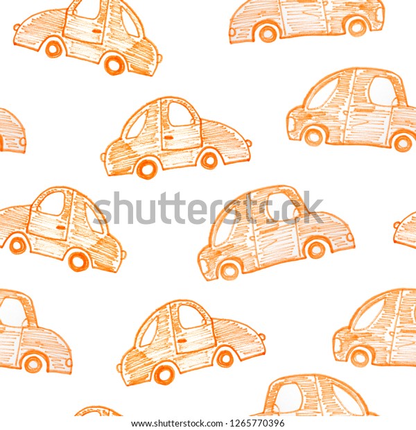 Hand drawn pattern in
childish style drawn with markers. Small cartoon car. Seamless hand
painted pattern for prints, bed cloth, child plaid or blanket. Ink,
pen drawing