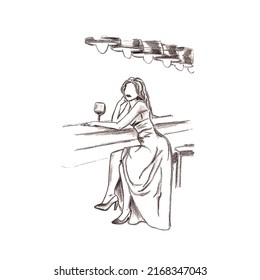 Hand Drawn Pencil Sketch Of A Girl In A Long Dress With A Glass Of Wine Sitting On A Bar Stool. Woman Without A Face Sitting At The Bar. Mockup For Dress Design, Isolated On A White Background