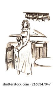 Hand Drawn Pencil Sketch Of A Girl In A Long Dress With A Glass Of Wine Sitting On A Bar Stool. Woman Without A Face Sitting At The Bar. Mockup For Dress Design, Isolated On A White Background