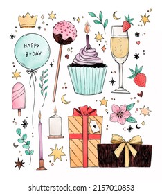 Hand drawn pencil and watercolor illustrations - happy birthday sketches. Cake, cupcake, candles, stars, champagne, strawberry and other drawings. Perfect for bday cards, posters, prints