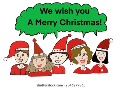 Hand drawn picture of cartoon characters wearing red Santa costumes say We wish you A Merry Christmas! Illustration for education. Concept,  Holiday and festival celebration. Christmas Blessing. - Powered by Shutterstock