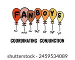 Hand drawn picture of colorful balloons with text FANBOYS. Vocabulary about coordinating Conjunction. Concept, English grammar teaching. Education. Teaching aid. Type of conjunction lesson.