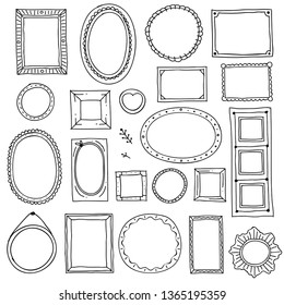 Hand Drawn Picture Frame. Doodle Square Oval Photo Frames And Scrapbook Scribble Borders Sketch Isolated Set