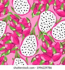 Hand Drawn Pitaya Fruit Illustration Seamless pattern, Dragon Fruit background, Summer Tropical Design Prints for Fashionable Textiles