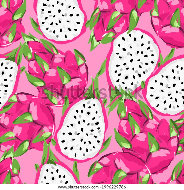 Hand Drawn Pitaya Fruit Illustration Seamless\
pattern, Dragon Fruit background, Summer Tropical Design Prints for\
Fashionable\
Textiles