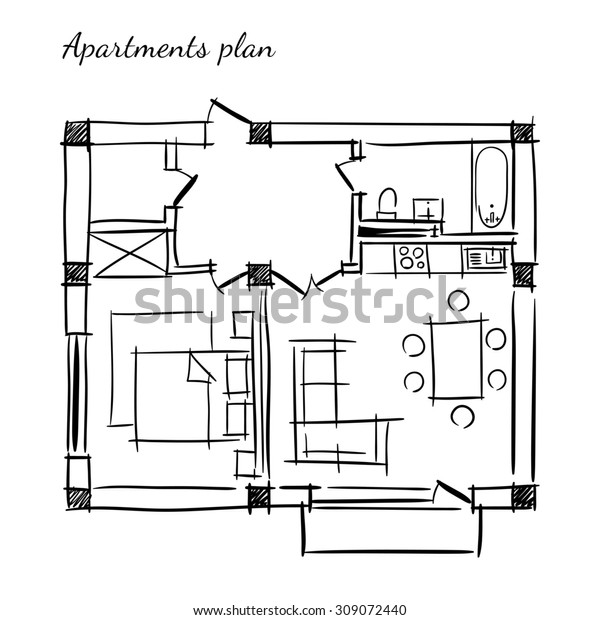 Hand Drawn Plan Apartment One Bedroom Stock Illustration 309072440