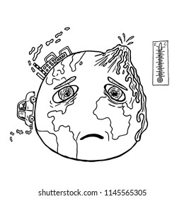 Hand Drawn Planet Earth Sad Face Stock Illustration 1145565305