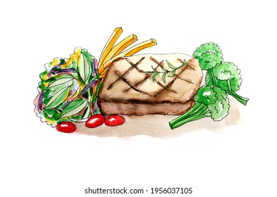 Hand Drawn Pork Steak With Salad And Broccoli On White Background In Doodle Art Style