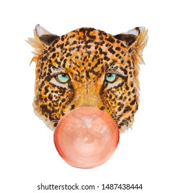 Hand drawn portrait of Leopard with bubblegum. Isolated on white. Cute watercolor illustration 