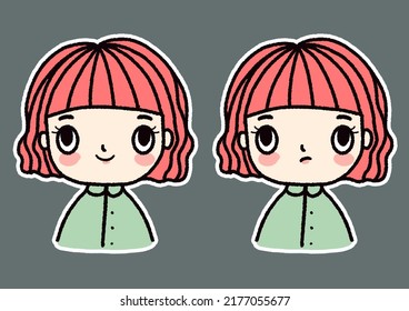 Hand Drawn Portrait Of Young Woman With Short Hair Cartoon Girl