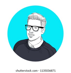 A Hand Drawn Portraiture Of The Average Male Person, Young Manager, Office Worker With Glasses.