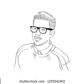 A Hand Drawn Portraiture Of The Average Male Person, Young Manager, Office Worker With Glasses.