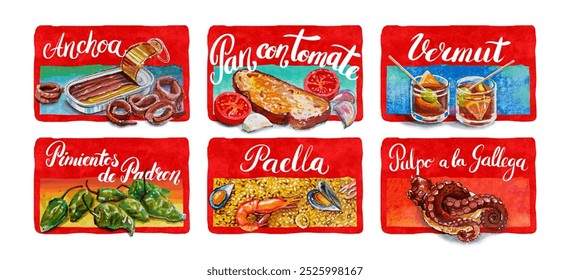 Hand drawn postcards set with markers, featuring Catalan dishes and Spanish cuisine. High quality illustration - Powered by Shutterstock