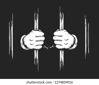 Hand Drawn Prisoner Hands In Cuffs Holding Jail Bars.   Illustration.