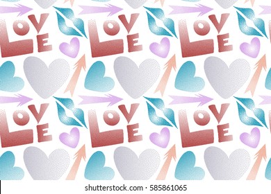 Hand drawn raster seamless pattern with XOXO in blue and red colors. Hipster symbols of arrow, hearts, kissing lips, love text on a white. Good for cards, posters, wrapping paper.