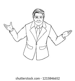 Hand drawn raster sketch  illustration with elder smiling  man with wrinkles  in blazer and tie shruggs shoulders isolated at white background. - Powered by Shutterstock