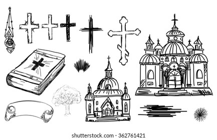 Hand Drawn Religion Set In Raster. Church, Cross And Bible In Sketch