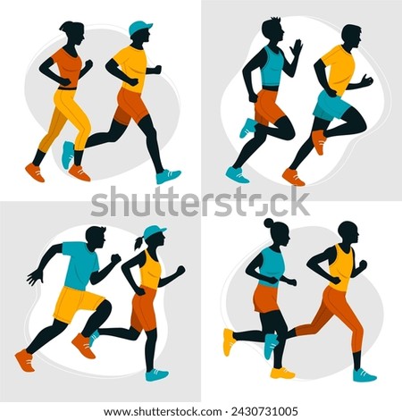Hand drawn runner silhouette composition set