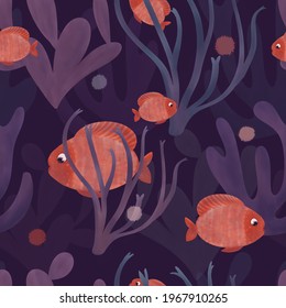 Hand Drawn Sea Bottom Seamless Underwater Pattern,  With Blue Corals, Algae And Golden Fish For Printing, Fabric, Textile, Manufacturing, Wallpapers