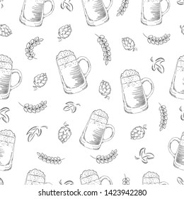 Hand drawn seamless beer pattern. Doodle style seamless pattern with beer, hop and wheat on white background.