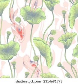 Hand Drawn Seamless Botanical Pattern with Large Lotus Leaves and Floating Koi Carps in Delicate Colors Colored Pencil Artwork Spring and summer flowers for invitation wedding or greeting cards - Powered by Shutterstock