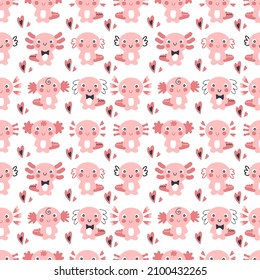 Hand drawn seamless pattern with axolotls and hearts. Perfect for T-shirt, textile and prints. Cartoon style illustration for decor and design.