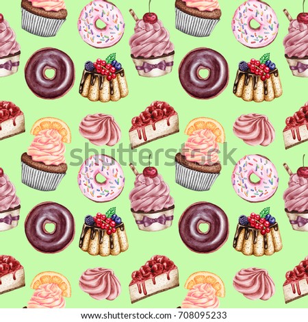 Hand drawn seamless pattern of bakery products: donut, cupcakes, macaroons, dessert, meringue, cheesecake.