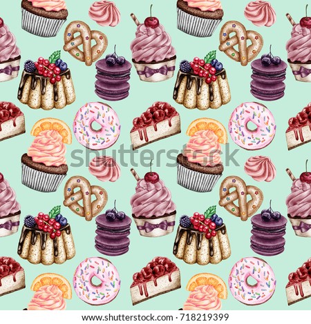Hand drawn seamless pattern of bakery products: donut, cupcakes, macaroons, dessert, meringue, cheesecake, cookie, macaroons. 